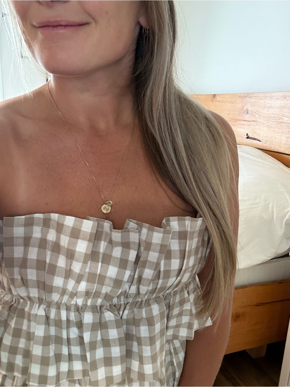 Lush Tan and White Gingham Strapless Ruffle Midi Dress - Picture 3 of 6